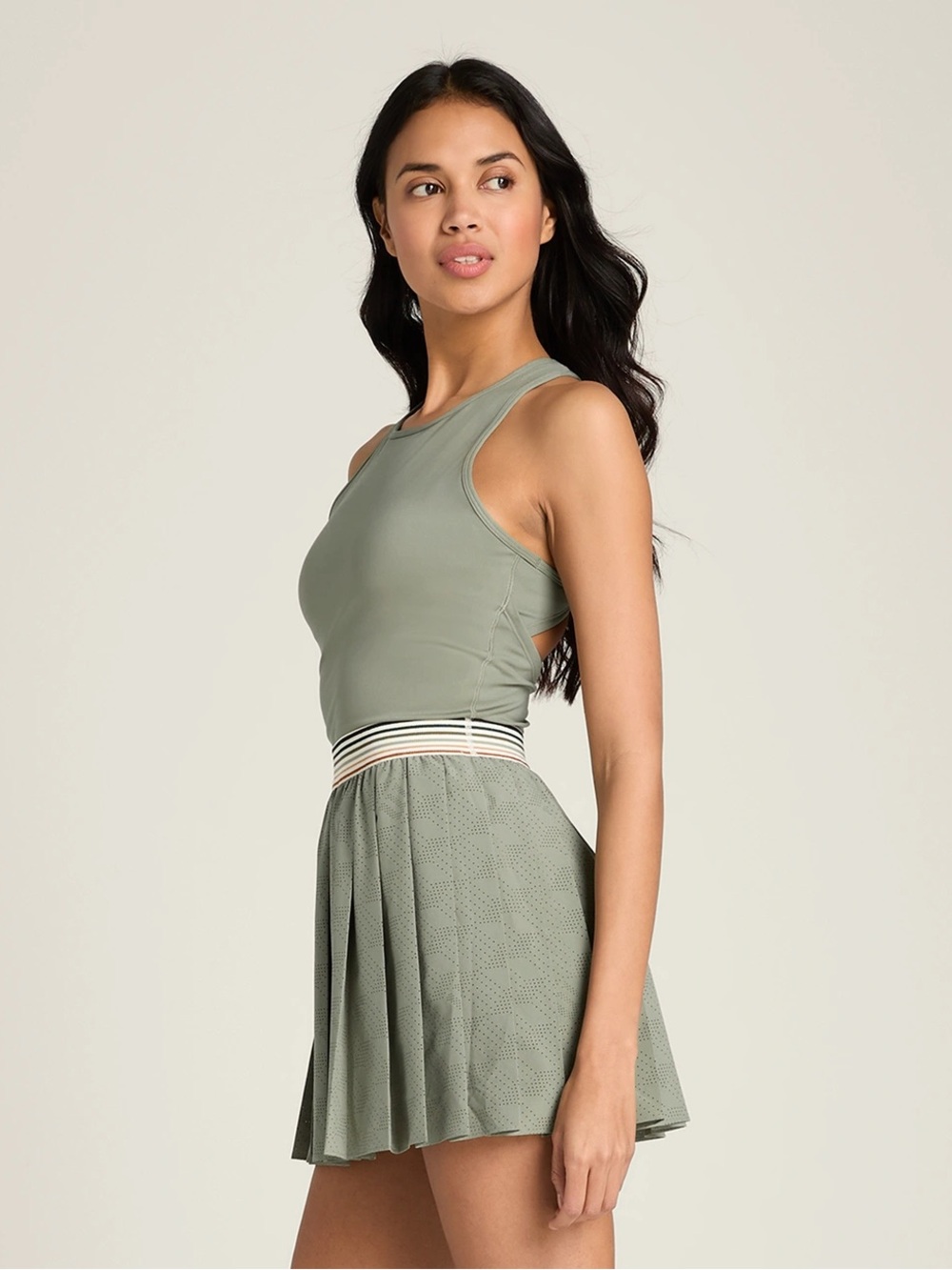 Wilson Laser Cut Pleat Tennis Dress Vetiver Sage Green with Striped Waist Small